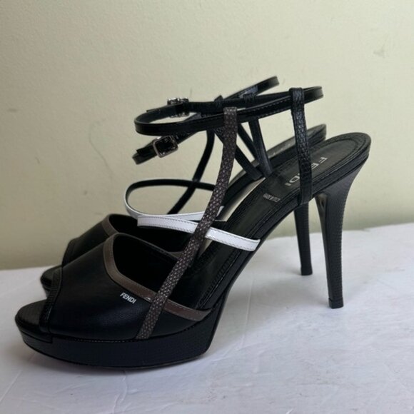 Fendi NEW Leather Logo Open Toe Strappy Platform Stiletto Heels Shoes Sandals 7 - Picture 8 of 16